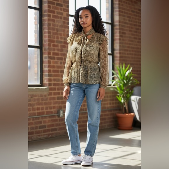 Zara Tops - ZARA Sheer Womens Small Leopard Animal Print Scarf Neck Blouse Long Sleeve Shirt